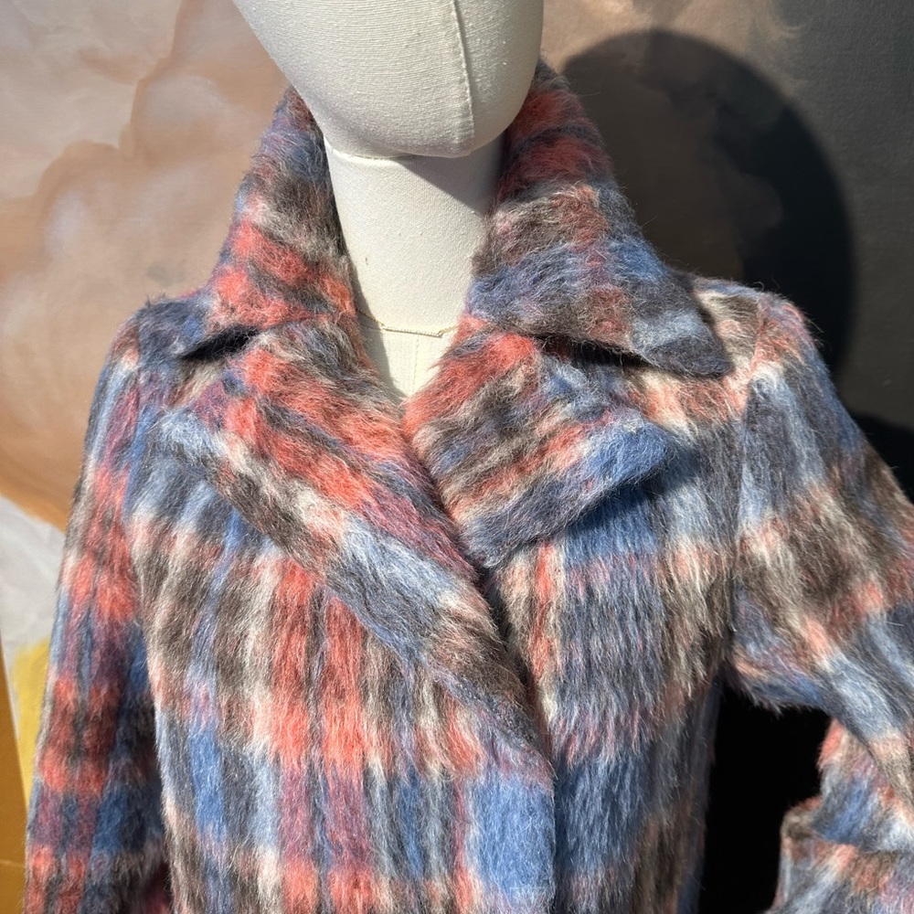 Sachin + Babi Multicolor Plaid Faux-Fur Pea Coat in Blue, Pink & Gray